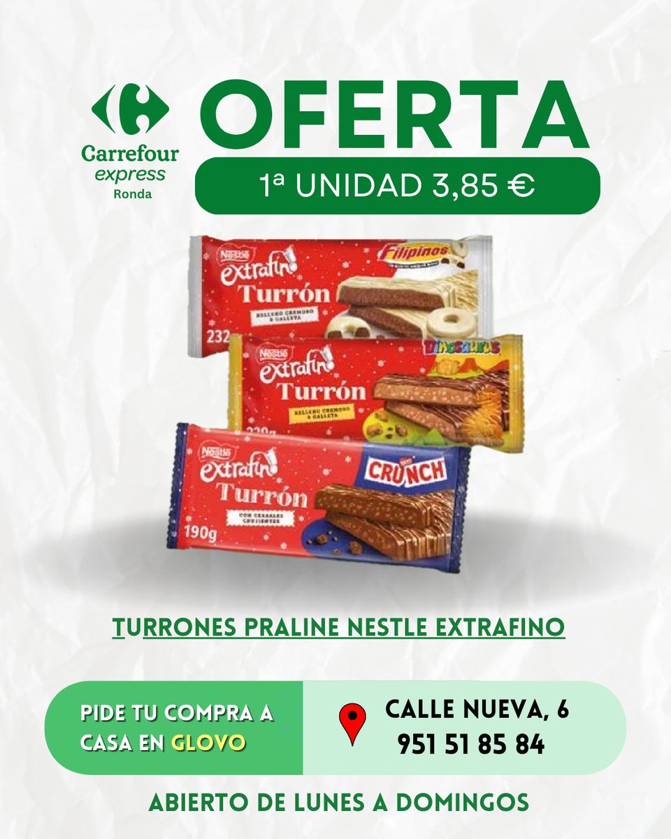 CarrefourRonda's tweet image. ¡Dulce noticia! 🍫✨
Turrones Praliné Nestlé Extrafino por solo 3,85€ en Carrefour Express Ronda.
¡Ven por el tuyo y disfruta el sabor de la Navidad todo el año! 🎄
➡ Puede realizar sus pedidos en GLOVO &amp;gt;&amp;gt; glovoapp.com/es/es/ronda/ca…
#CarrefourExpressRonda #turrones #oferta