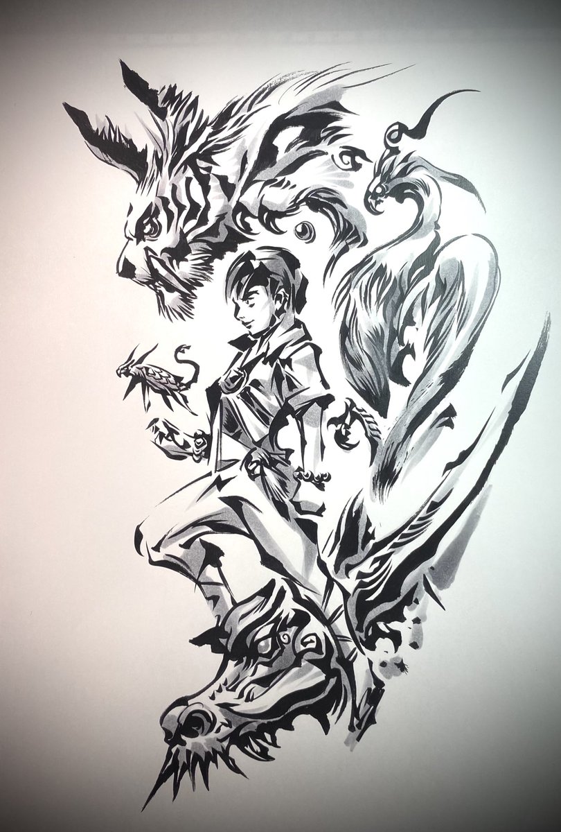 こちらも同じ頃に描いたスケッチ。少年大河と聖獣。ボツになったが