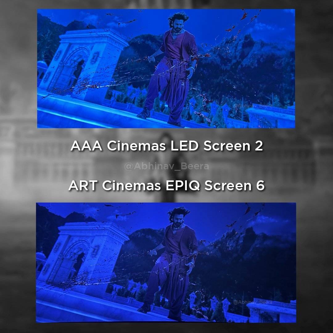 attractiveabhi7's tweet photo. #BaahubaliTheEpic - Viewing Experience Comparison (AAA Cinemas LED Screen 2 vs ART Cinemas EPIQ Screen 6)

Watched the film in both theatres to get a clear idea of which screen delivers the best flat ratio experience. (Not touching the DCP confusion for Oct 31st shows in AAA, from Nov 1st it’s confirmed HDR)
All photos were taken on iPhone 14 (1x zoom, normal mode).

Picture Quality:
LED clearly wins here. The clarity, brightness and contrast are stunning, genuinely breathtaking. You’ll be amazed at how sharp and vivid the visuals look.
EPIQ’s single laser projection still looks good and bright, but on a 57ft screen it doesn’t match the LED’s punch and contrast.

Sound Quality:
AAA again comes first for precision - it’s a smaller auditorium and the calibration is excellent, though bass response could’ve been stronger.
EPIQ on the other hand, gives you that thump. The bass hits perfectly and the surround mix feels grand, but dialogue levels could’ve been a bit higher, slightly soft in some scenes.

Screen Size & Immersion:
EPIQ easily wins for scale and immersion. That 57ft screen pulls you right into Mahishmati’s world.
AAA’s LED is roughly 30 ft, so after seeing EPIQ or PCX, it can feel small, but the visual quality compensates.

Preferred Seats:
• AAA LED - H-4 (center, ideal distance)
• ART EPIQ - E-12 (perfect FOV + balanced surround)
(Photos below are from these exact seats)

Extra Note:
If you’re considering Prasads PCX - it’s the best mix of both worlds, dual-laser brightness and powerful sound.

LED = best picture clarity (HDR)
EPIQ = best immersion (57ft scale)
PCX = balanced combo of both

Summary:
→ For the big screen feel - go with PCX or ART EPIQ
→ For pure picture quality - choose AAA LED

Would love to hear what others felt watching #BaahubaliTheEpic on these screens, share your experiences below.

#Hyderabad #TheatreExperience