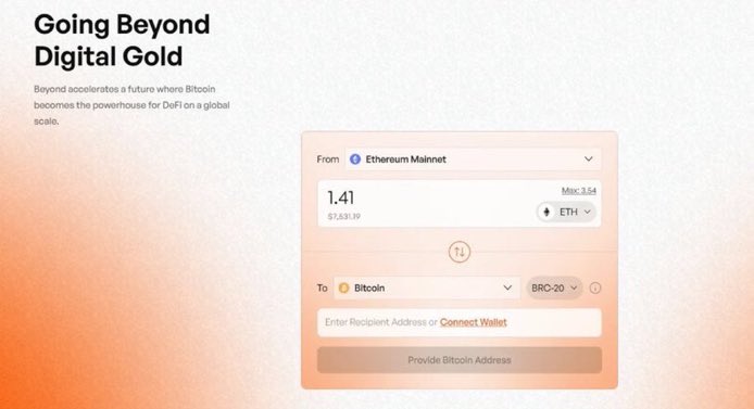 SulTechOnChain's tweet image. Bitcoin is no longer just digital gold

@beyond__tech connects it to 80+ chains and L2s, turning BTC into an active force in DeFi

Move assets like ETH or SOL directly to Bitcoin and unlock a new era where Bitcoin powers the multichain economy