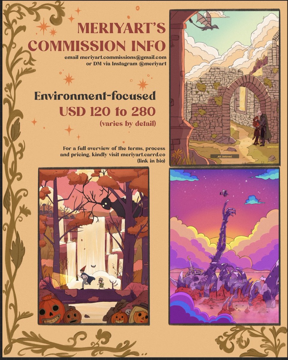 meriyart's tweet image. hi! i’m accepting comms atm ✨

if you’d like to grab a slot, just send a DM on ig instagram.com/meriyart/ or email meriyart.commissions@gmail.com

full terms of service and pricing: meriyart.carrd.co

reshares appreciated. thanks u! 🥹
.
#commissionsopen #opencommissions