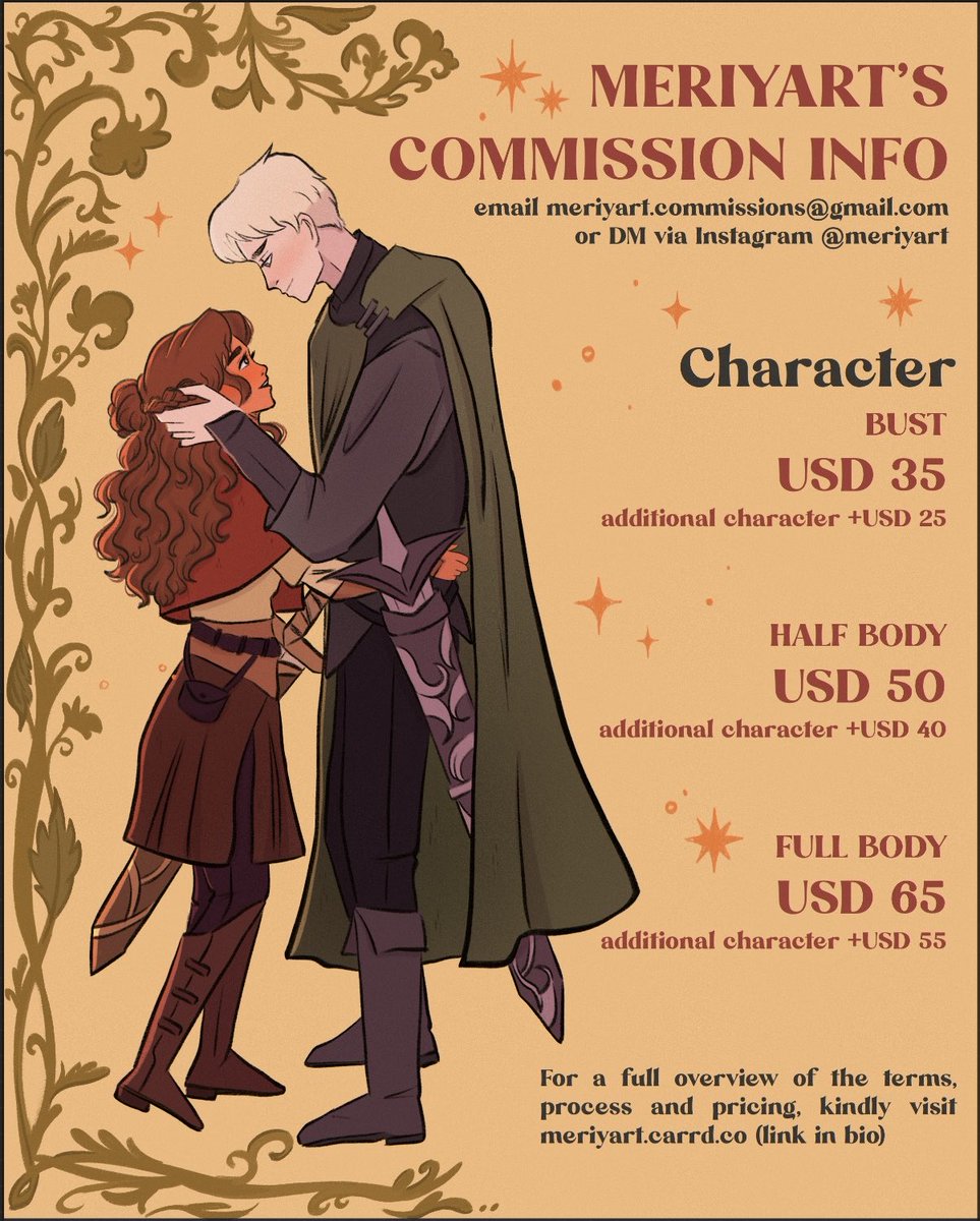 meriyart's tweet image. hi! i’m accepting comms atm ✨

if you’d like to grab a slot, just send a DM on ig instagram.com/meriyart/ or email meriyart.commissions@gmail.com

full terms of service and pricing: meriyart.carrd.co

reshares appreciated. thanks u! 🥹
.
#commissionsopen #opencommissions