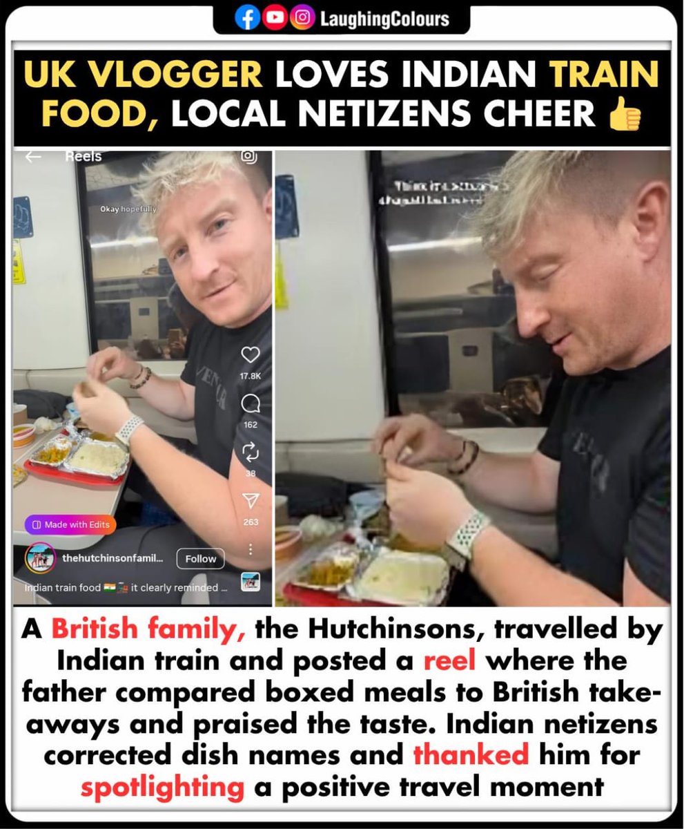LaughingColours's tweet image. UK vlogger praises Indian trains 🚆
#IndianRailways #TravelReel #Vlogger #IndianFood #ViralVideo #PositiveVibes