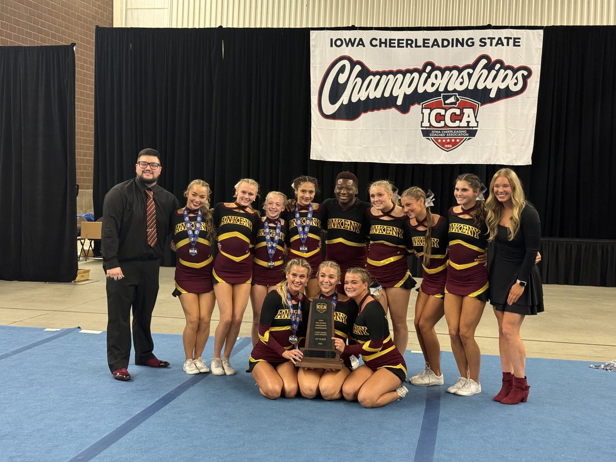Ankeny_HS's tweet image. Our Ankeny High Competitive Cheer Hawks are the 2025 CoEd Cheer Dance State CHAMPS! Also bringing home hardware for 2nd in Game Day and 3rd in Stunt Group! #NextLevelHawks #TFBH ⁦@Ankeny_Hawks⁩ ⁦@AnkenySchools⁩