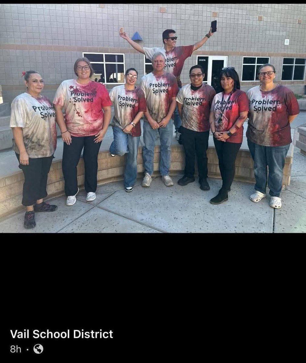 ChrisRamth77288's tweet image. DISGUSTING I WOULD NEVER WANT A CHILD OF MINE TAUGHT HERE
🚨 BREAKING🚨These are teachers in Tucson, Arizona, dressing up to mock Charlie’s murder. Their shirts literally say “Problem Solved” with fake blood down the side.
This is disgusting, every one of them needs to be fired!