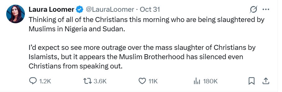 <a href="/MalcolmNance/">Malcolm Nance</a> You all realize this "let's bomb the shit outta Nigeria" plan came directly from Laura Loomer, right? She's been on an anti-Nigeria rant for the last week or two.