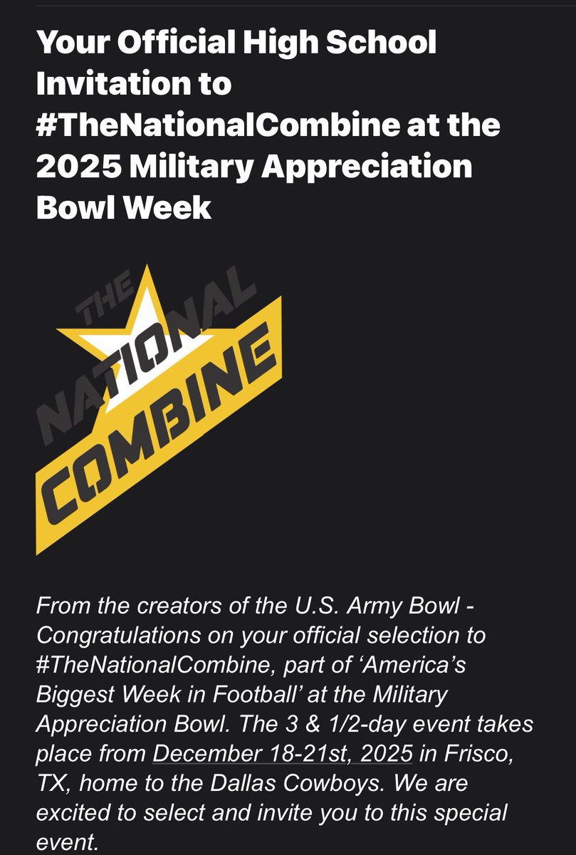 Received my official invite to #TheNationalCombine thank you <a href="/watchgamefilm/">WatchGameFilm.com</a>, <a href="/GregCooperUSA/">Sr. Nat’l Director | Military Appreciation Bowl</a> &amp; <a href="/USArmyBowl/">Military Appreciation Bowl Week</a>
<a href="/SirScoutsALot/">Alec Hankins</a> <a href="/HallTechSports1/">Hall-Tech Sports</a> <a href="/One11Recruiting/">One11 Recruiting</a> <a href="/RiseNDraft/">Ryan Roberts</a>