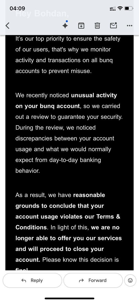 dan_bon_ami's tweet photo. @bunq Terrible bank, I don't recommend it. They blocked my account after I transferred my funds, citing a violation of their user policy. If anyone transfers money there, be aware that your account will also be blocked. https://t.co/KyVWFAGvp5