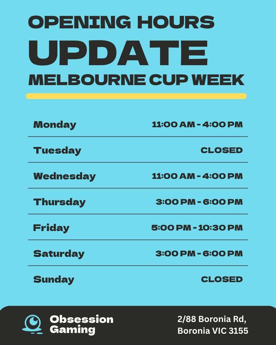 With the Melbourne Cup public holiday and the Riftbound launch on Friday, we have different opening hours for the week. 

See you all soon 😁