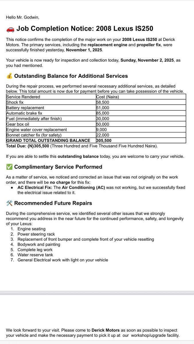 DerickMotors's tweet photo. *Subject: 🚀 Fast &amp; Reliable Service at Derick Motors - Your Car, Ready Sooner!*

Hello Valued Derick Motors Client,

We understand how important your vehicle is to your daily life, and getting it back on the road quickly and reliably is our top priority. https://t.co/AmydOHveCz