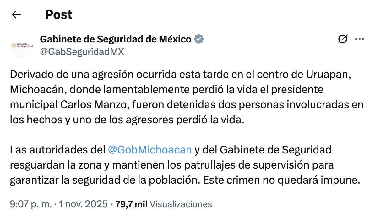 lopezdoriga's tweet photo. El Gabinete de Seguridad así confirmó el ataque y muerte del alcalde de Uruapan, Carlos Manzo. 

Más en https://t.co/BjdELZkpfR https://t.co/F2Xsqh1Xrl