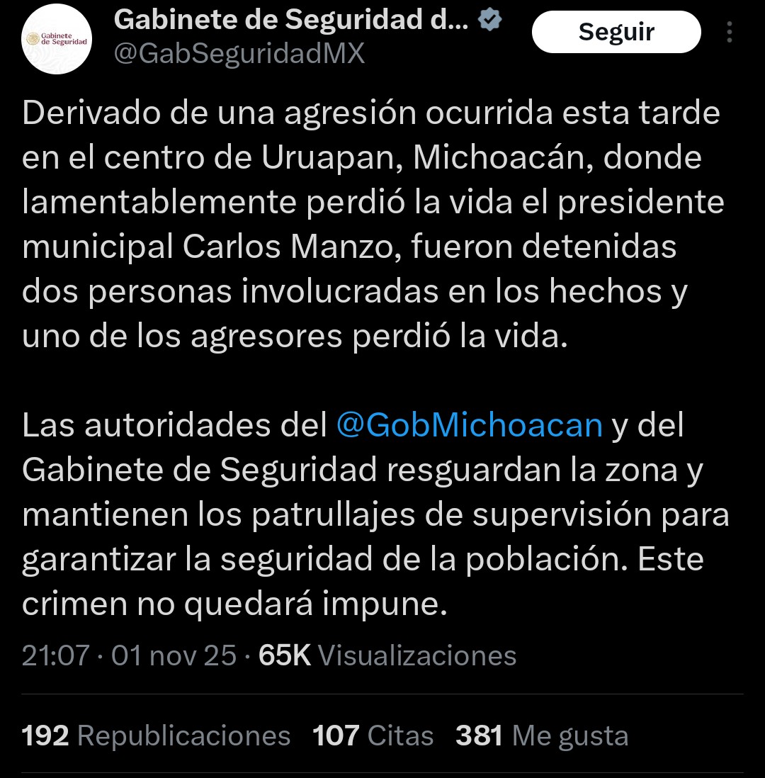 Omar__Nieto's tweet photo. Carlos Manzo, alcalde de Uruapan, único funcionario mexicano que intentó hacer algo por sus ciudadanos ha sido asesinado. Advirtió que si lo lograban se incendiaría Uruapan, el resto de Michoacán y México. Ya es hora de dejar de hacernos pendejos, ¿no? https://t.co/TwDxFQEU4H