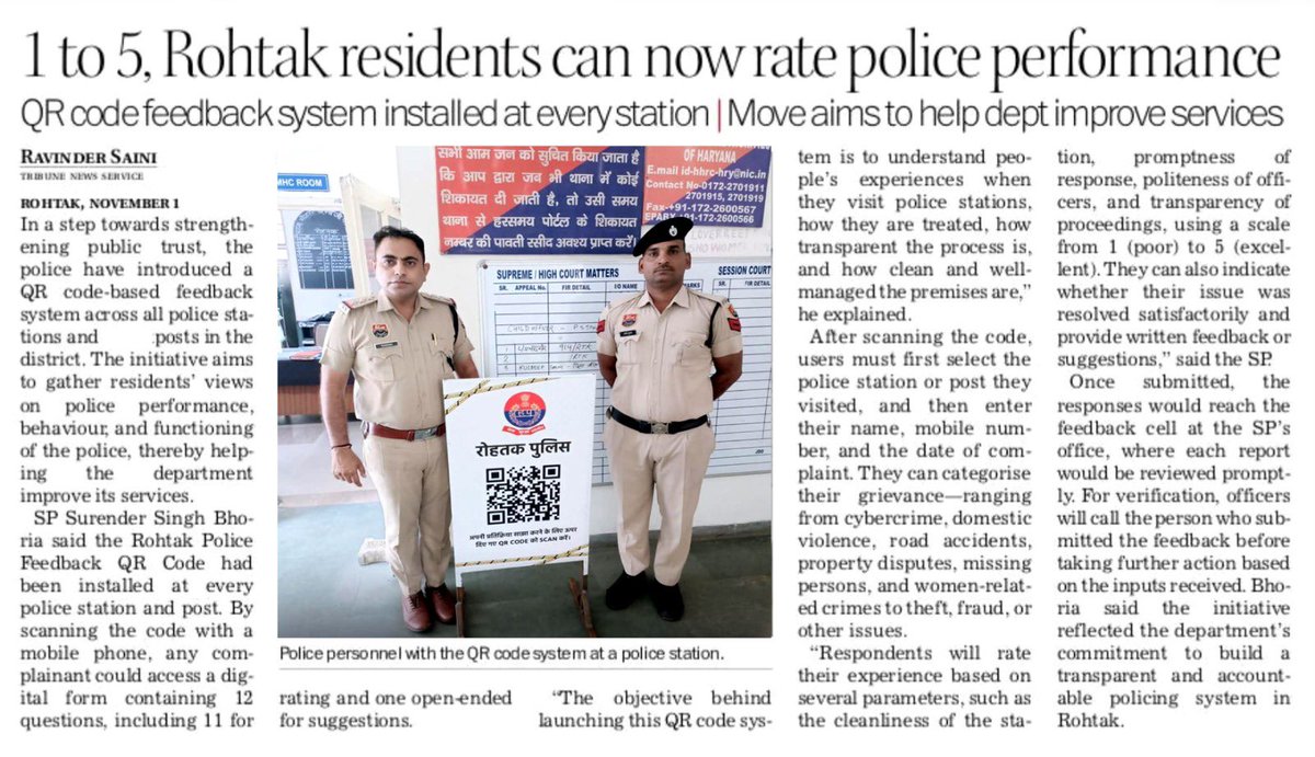 rsainiscribe's tweet image. Rohtak police launch QR code feedback system to boost citizen engagement  
#Haryana #ImageMaking #NewInitiative @thetribunechd @opsinghips @RohtakPolice 
tribuneindia.com/news/haryana/r…