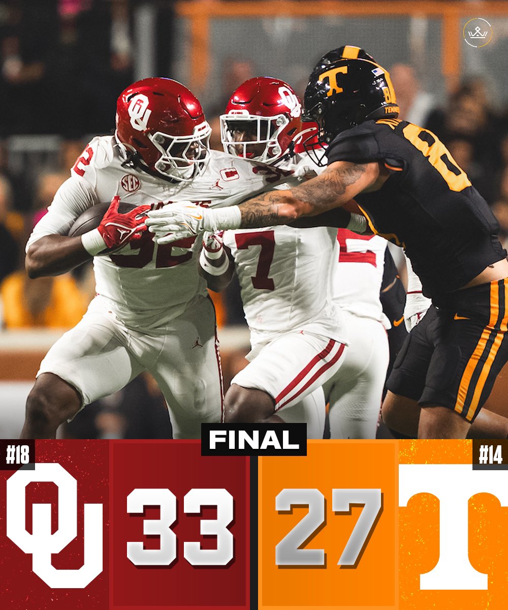 OKLAHOMA GOES INTO NEYLAND STADIUM AND BEATS TENNESSEE.

The Vols have been eliminated from College Football Playoff contention.