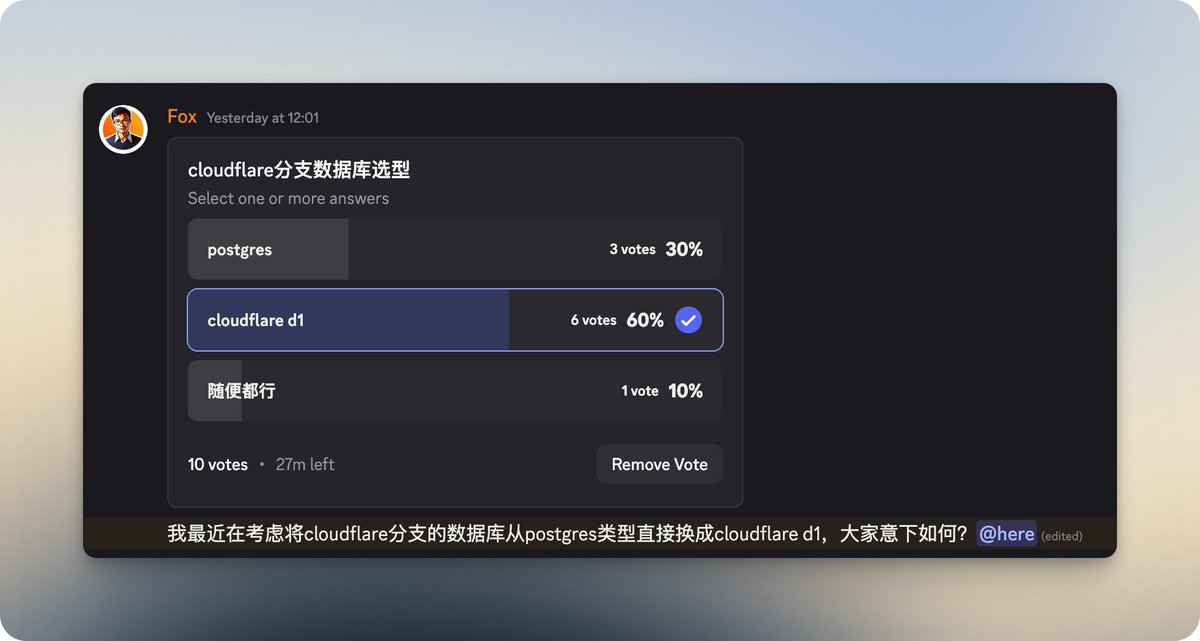 🥳 어제 저는 Discord 그룹에서 Cloudflare D1을 직접 지원할지 여부에 대한 여론 조사를 시작했습니다.
결과는 다소 예상치 못한 것이었습니다. 응답자의 60%가 Cloudflare 지점에서 Clo