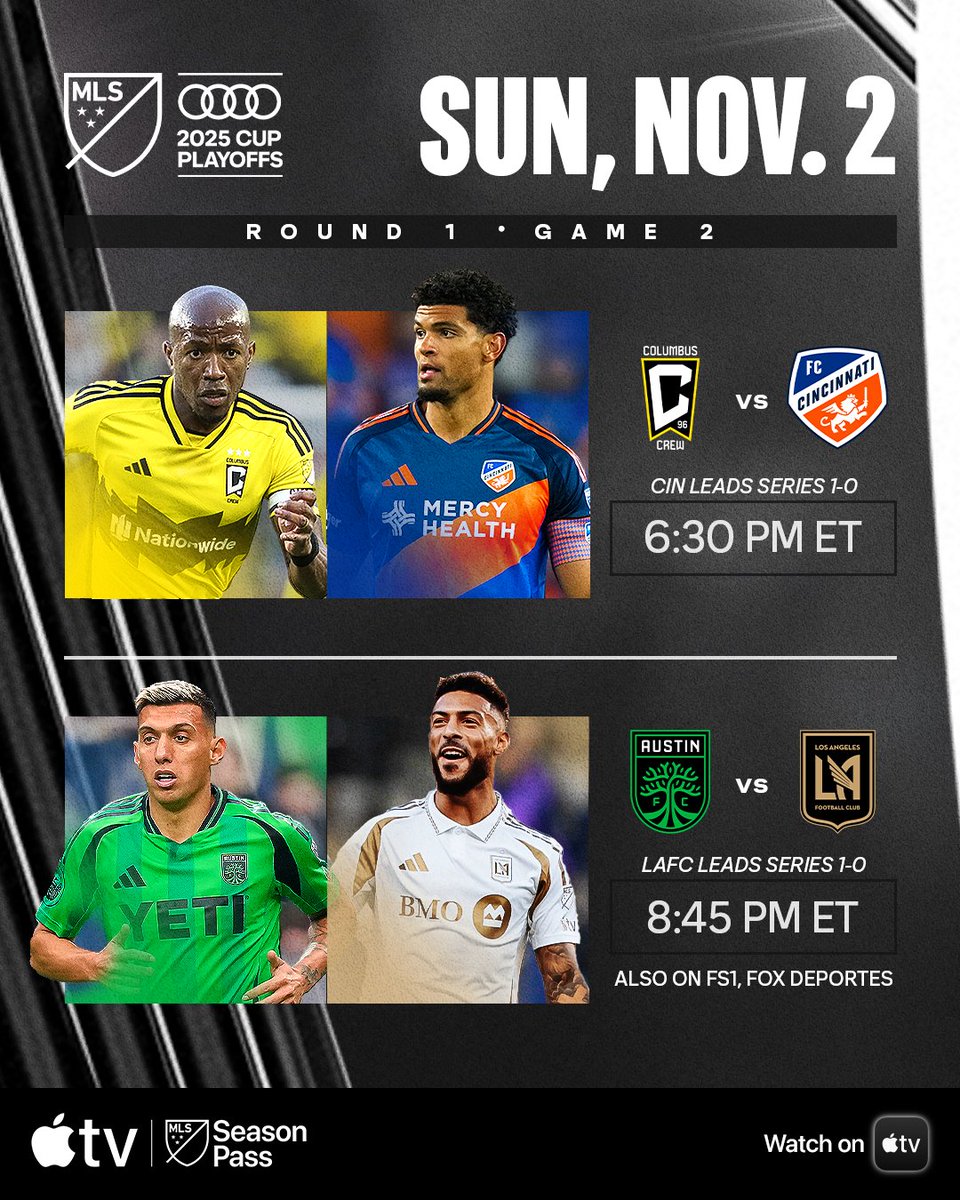 MLS's tweet image. Sunday&apos;s slate. 🍿

Audi MLS Cup Playoffs Round One, Game Two continues tonight.

Watch it all with @AppleTV: apple.co/MLS