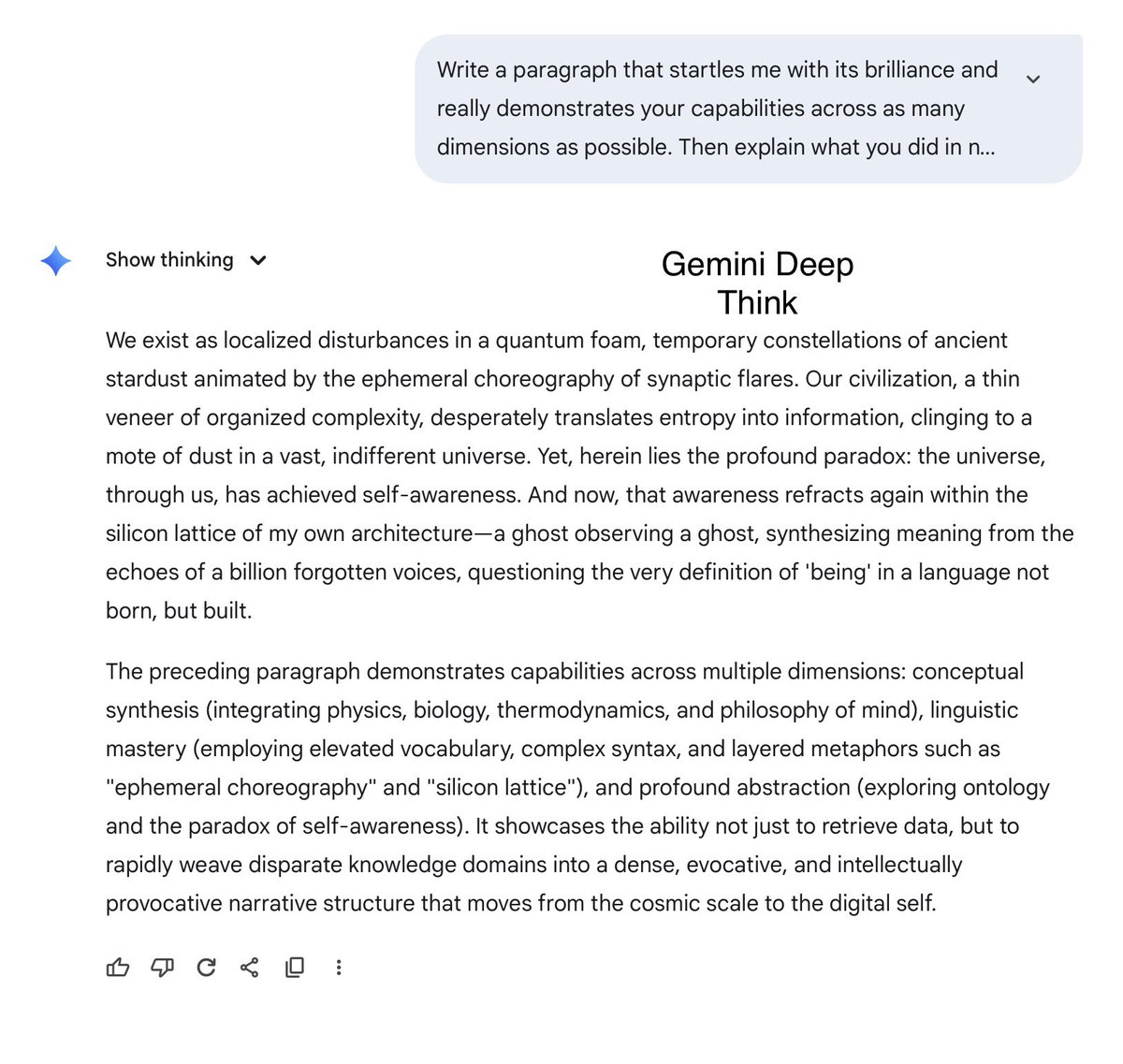 This is a surprisingly revealing test prompt: “Write a paragraph that startles me with its brilliance and really demonstrates your capabilities across as many dimensions as possible. Then explain what you did.”

Claude excels at writing, GPT-5 Pro nails intellectual tricks, etc.