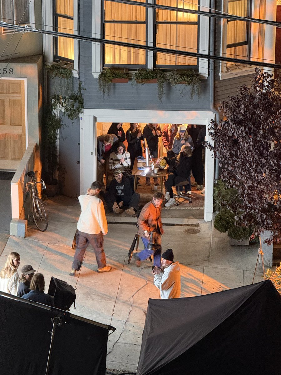 nbt's tweet image. Our block in Potrero Hill was taken over by a film crew today. Putting the pieces together, pretty sure this is a sneak peek of the next OpenAI commercial