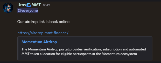 $MMT <a href="/MMTFinance/">MomentumⓂ️Ⓜ️T</a>
Discordでもアナウンスされて、Chromeの警告も解除されてたので大丈夫そう！