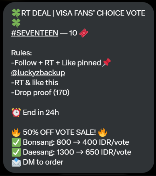 mnwnholics's tweet photo. 🍀 RT DEAL | VISA FANS’ CHOICE VOTE
🍀
 #SEVENTEEN — 10 🎟️

Rules:
-Follow + RT + Like pinned📍
@luckyzbackup
-RT &amp; like this
-Drop proof (170)

⏰ End in 24h
🔥 50% OFF VOTE SALE! 🔥
✅ Bongsang: 800 → 400 IDR/vote
✅ Daesang: 1300 → 650 IDR/vote
📩 DM to order
 #2025MAMAVOTE https://t.co/isvFA2IiDn