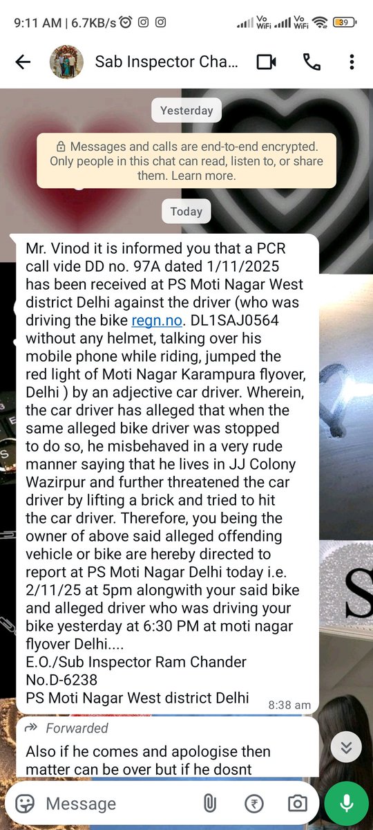 sh16045911's tweet photo. Kal raat ko meri bike ne red light cross kar diya aur koi car vala tezi se car leke aarha rha tha mujhe dekh ke aur car tez kal liya maine sorry bhi bola par vo koi amir aadmi tha usne mujhe dkanki di police ki aur wahi huaa mujhe bula bhi rhe hai moti nagar thana se. https://t.co/SByAXVIflJ