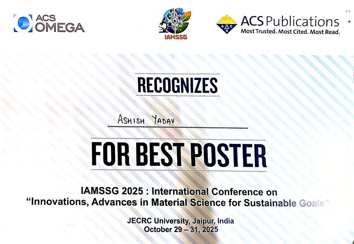 SoftMnit's tweet photo. We are delighted to congratulate Mr. Ashish Yadav for receiving the Best Poster Presentation Award, sponsored by the American Chemical Society (ACS), at the International Conference on Innovations and Advances in Material Science for Sustainable Goals (IAMSSG 2025). https://t.co/5kyzAoBj7q