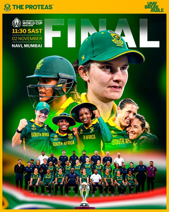 GovernmentZA's tweet image. #GovZAUpdates| His Excellency President Cyril Ramaphosa has sent a powerful message of support to the Proteas Women, led by Captain Laura Wolvaardt and Head Coach Mandla Mashimbyi, ahead of their ICC Women’s World Cup Final showdown!

President Ramaphosa congratulated the Super
