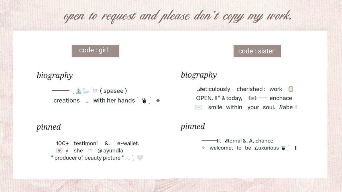 ayundla's tweet image. Can I get a retweet for this?? Thankyouu

wording bundle untuk bio dan pinned, thema CLASSY untuk Female atau Male. mulai dari harga 6.000 " cek alt " bisa bawa pulang salah satu dari mereka 💗💗

✿  open request. 
✿  dm @ayundla to get it

#zonauang #zonaba 
ㅤㅤ
ㅤㅤ