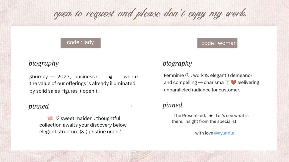 ayundla's tweet image. Can I get a retweet for this?? Thankyouu

wording bundle untuk bio dan pinned, thema CLASSY untuk Female atau Male. mulai dari harga 6.000 " cek alt " bisa bawa pulang salah satu dari mereka 💗💗

✿  open request. 
✿  dm @ayundla to get it

#zonauang #zonaba 
ㅤㅤ
ㅤㅤ