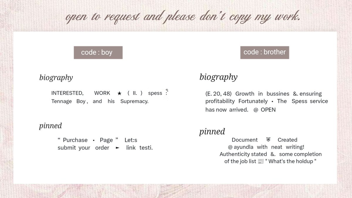 ayundla's tweet image. Can I get a retweet for this?? Thankyouu

wording bundle untuk bio dan pinned, thema CLASSY untuk Female atau Male. mulai dari harga 6.000 " cek alt " bisa bawa pulang salah satu dari mereka 💗💗

✿  open request. 
✿  dm @ayundla to get it

#zonauang #zonaba 
ㅤㅤ
ㅤㅤ