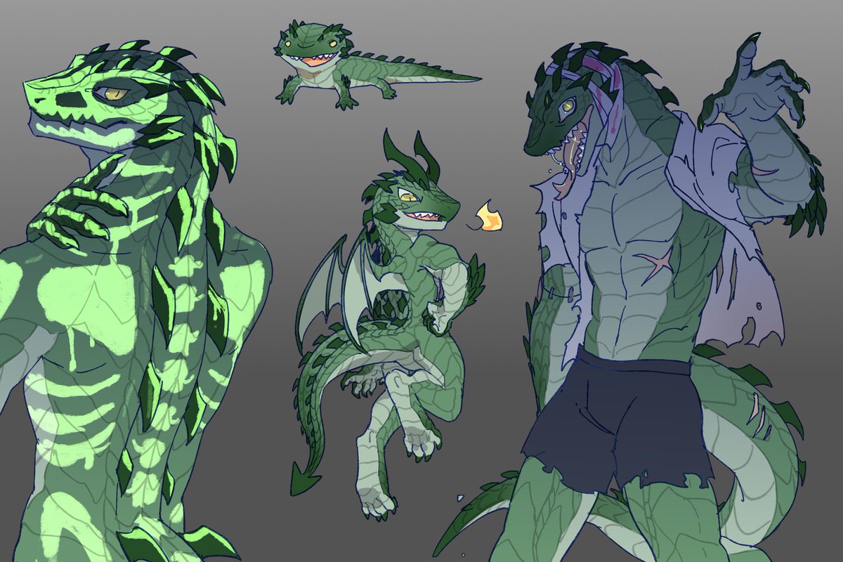 啊哈忘记发了
万圣节限定款蜥蜴~分别是荧光，小火龙和僵尸版本的蜥蜴w
🎨: 砸
#Halloween  #furryartwork #Dragon