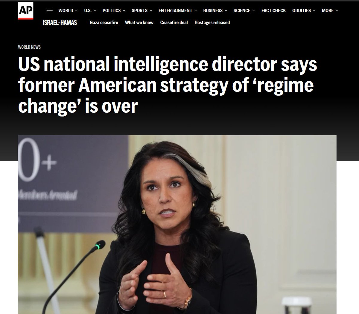 While Trump is waging a regime-change war on Venezuela, tightening the blockade on Cuba, and imposing sanctions on Colombia's elected left-wing leader, the chief of US spy agencies absurdly claims they supposedly don't seek regime change.

Tulsi Gabbard is a disinfo expert. She