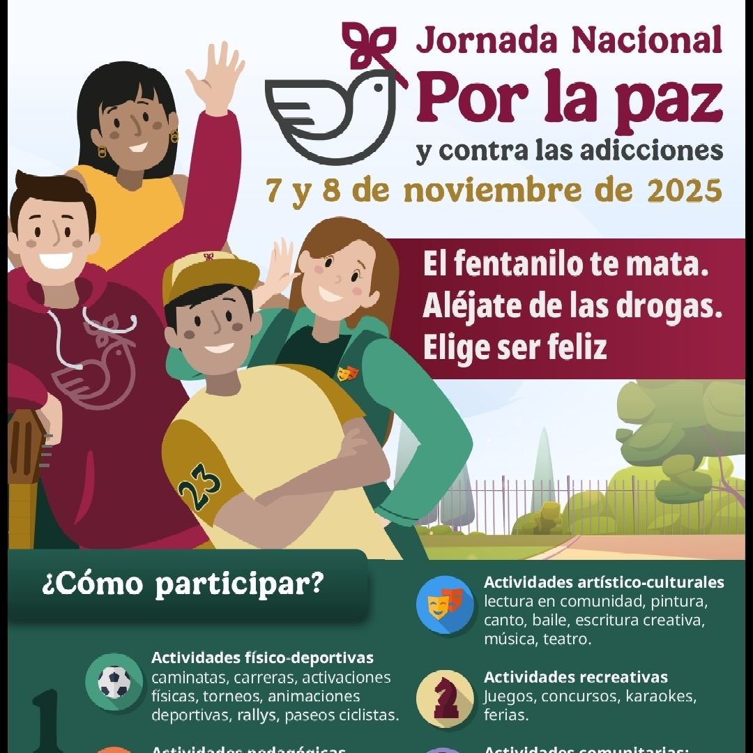 Jornada Nacional por la Paz y contra las Adicciones
¡Elige ser feliz, aléjate de las drogas y construyamos juntas y juntos una comunidad libre de adicciones!
gob.mx/lineadelavida
#LaTierraQueNosUne