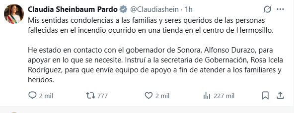 EXPRESA PRESIDENTA <a href="/Claudiashein/">Claudia Sheinbaum Pardo</a> su sentir ante la tragedia de hoy en #Hermosillo #Sonora