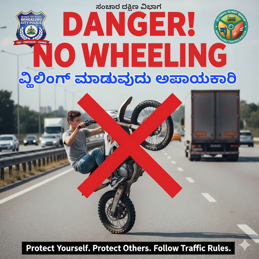 Two wheels, one life — keep both on the ground.
 ವೀಲಿಂಗ್ ಮಾಡುವುದು ಅಪಾಯಕಾರಿ ಸಂಚಾರ ನಿಯಮಗಳನ್ನು ಪಾಲಿಸಿ ಸುರಕ್ಷಿತವಾಗಿರಿ.
#NoWheeling #RideResponsibly #RoadSafety