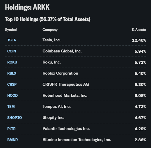 돈나무 누나 캐시우드의 ARKK ETF 홀딩 목록, 
그녀는 상당히 공격적인 투자자 
그녀가 어디에 투자하는지 공부해보면 힌트를 얻는다  

1. TSLA 
2. COIN 
3. ROKU 
4. RBLX 
5. CRSP 
6. HOOD 
7. TEM 
8. SHOP 
9. PLTR 
10. BMNR