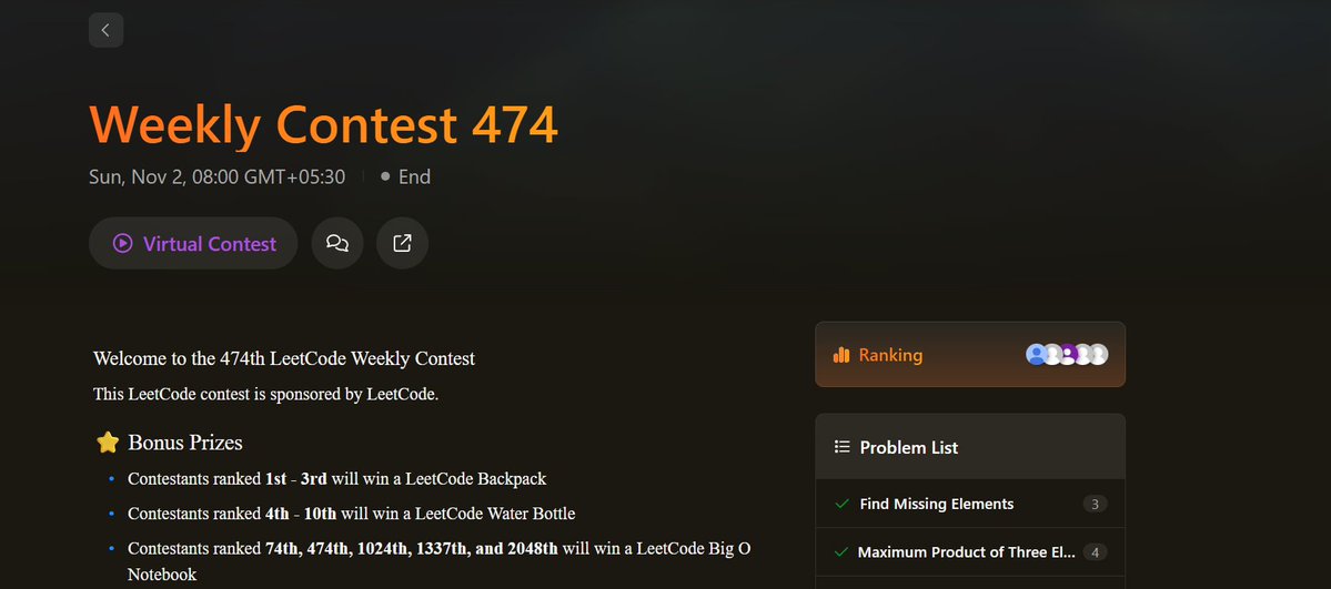 Rishabh38074426's tweet image. day 76 of #100DaysOfCode
Leetcode Weekly contest474
q1 - solved by using set for O(1) lookup
q2- basic question just remove -ve and sort them in desc order and multiply first 2 elements and 10^5
q3- able to solve after contest using binary search
#Leetcode #leetcodecontest
