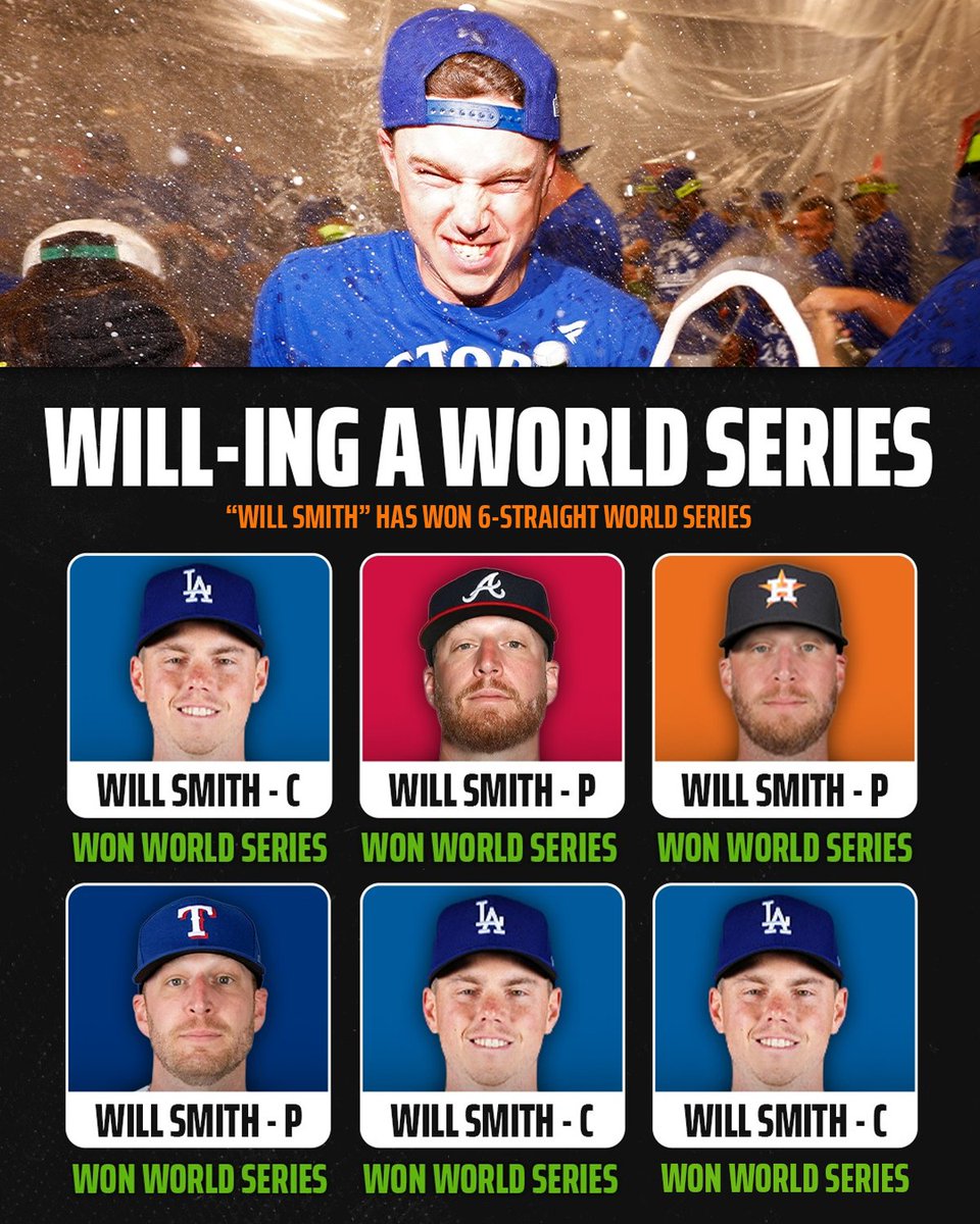 DKSportsbook's tweet image. &quot;Will Smith&quot; has won a World Series in 6-straight seasons... 🤯

2020: Will Smith, Dodgers 
2021: Will Smith, Braves 
2022: Will Smith, Astros
2023: Will Smith, Rangers 
2024: Will Smith, Dodgers 
2025: Will Smith, Dodgers