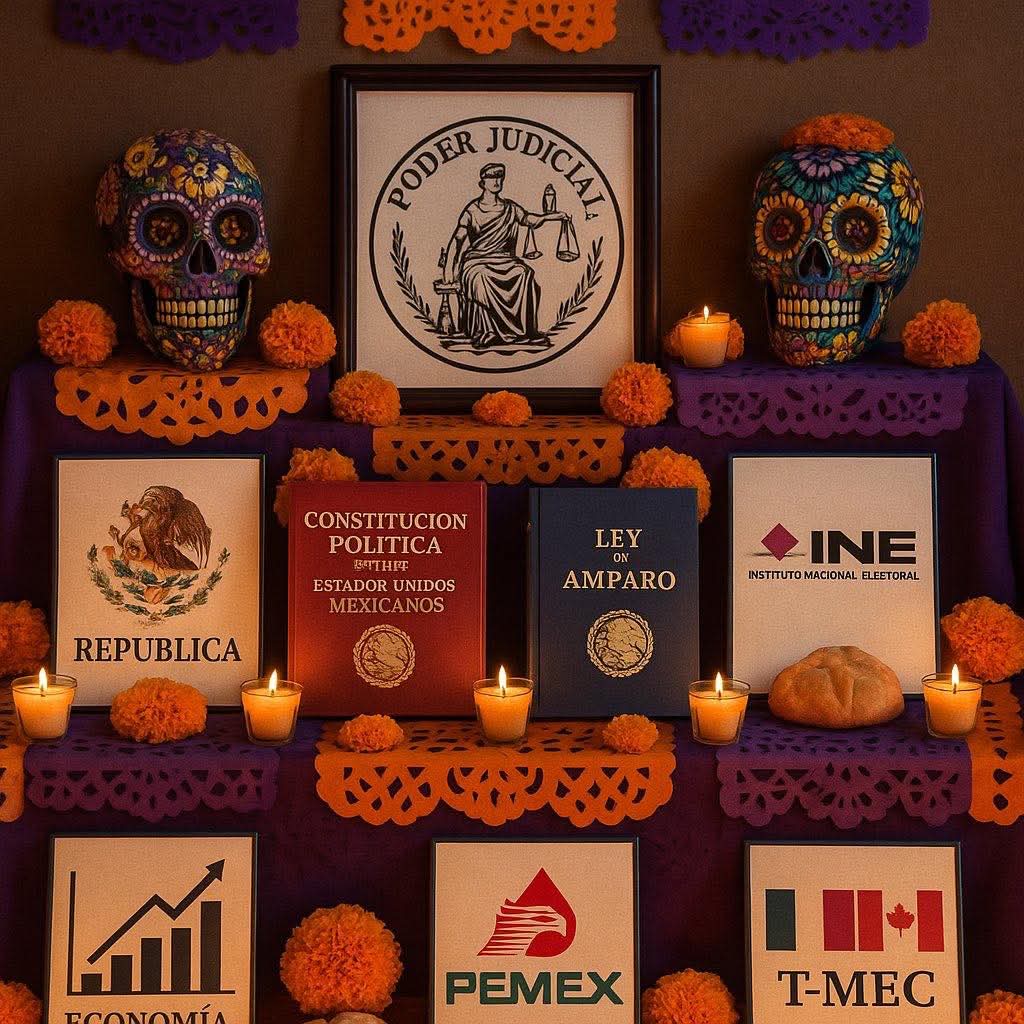 pcramirezs's tweet photo. Así el altar del Día de Muertos en el Narco Estado Zurdo en que dejamos convertir a México.

Con la terrible noticia además de que un valiente alcalde quien enfrentó al crimen organizado, quien lo denunció y pidió apoyo a la narco secta de @PartidoMorenaMx... hace unos momentos fue ASESINADO.

DEP. Carlos Alberto Manzo Rodríguez, alcalde de Uruapan, Michoacán.

En verdad, ¿qué más se necesita que suceda para que cobardes y apáticos ya reaccionen? ¿Acaso creen que esto no los va a alcanzar?

Necesitamos retomar YA el rumbo, haciendo a México otra vez un lugar mágico, lleno de tradición, de gente buena y trabajadora, y de un futuro prometedor 💪😎👊.

Necesitamos gritar: ¡YA BASTA!

¡YA BASTA!

Pd. Para ganarle a los narco zurdos de 💩 necesitamos un Trump, un Milei, un Bukele, o una Meloni... no a los dere-progres que se han apoderado de PAN @AccionNacional y PRI @PRI_Nacional.