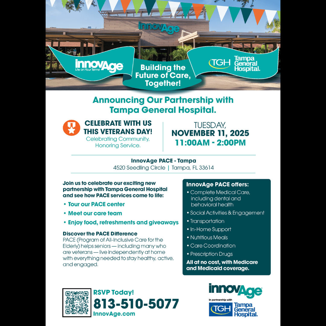 Notice anything different about our Tampa center? We've partnered with Tampa General Hospital to bring more comprehensive, coordinated care to seniors across Hillsborough, Pasco, and Hernando counties. Join us for our Veteran's Day Celebration and see the center for yourself!