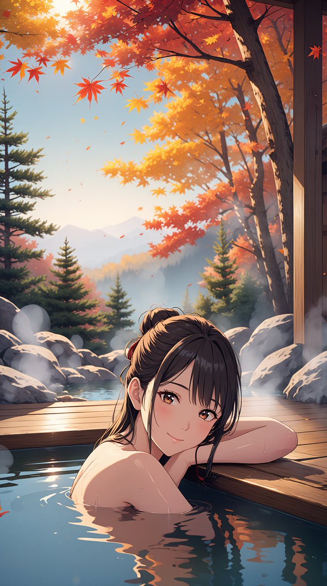 おはようございます☀️
「湯けむりの向こうに秋の色。
今日も心がほっとあたたまりますように♨️」 #aiart