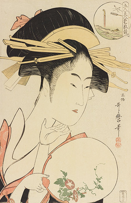 ukiyoeota's tweet photo. 寛政7-8年（1795-96）頃の喜多川歌麿「五人美人愛敬競　松葉屋喜瀬川」。この頃、歌麿は蔦屋重三郎と距離をとり作品制作をしていたとされます。本図も版元は近江屋権九郎。太田記念美術館の「蔦屋重三郎と版元列伝」にて明日11/3まで展示中です。 https://t.co/ONZVjxCqgy