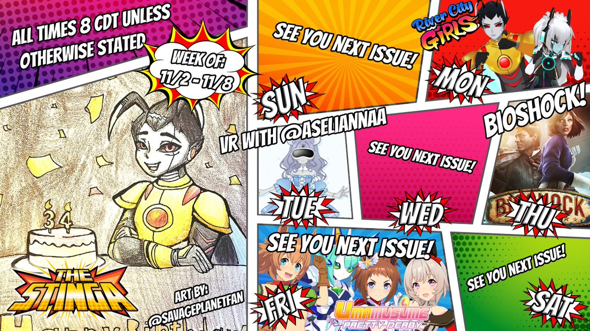 NEW WEEK BABY!
We got some RIVER CITY GIRLS! with <a href="/DIGIVRALIE/">DIGI-Vralie🔊✨🎵</a>!
Then we have a fun VR collab with <a href="/aseliannaa/">Lianna 👑 ✨ Love-Chu!</a>! Then Thursday I'm continuing the game BIOSHOCK Infinite! 
Then on Friday when we have a chance I'm playing more UMAMUSUME!
IM HYPE!!!!!!!!!! #umamusme