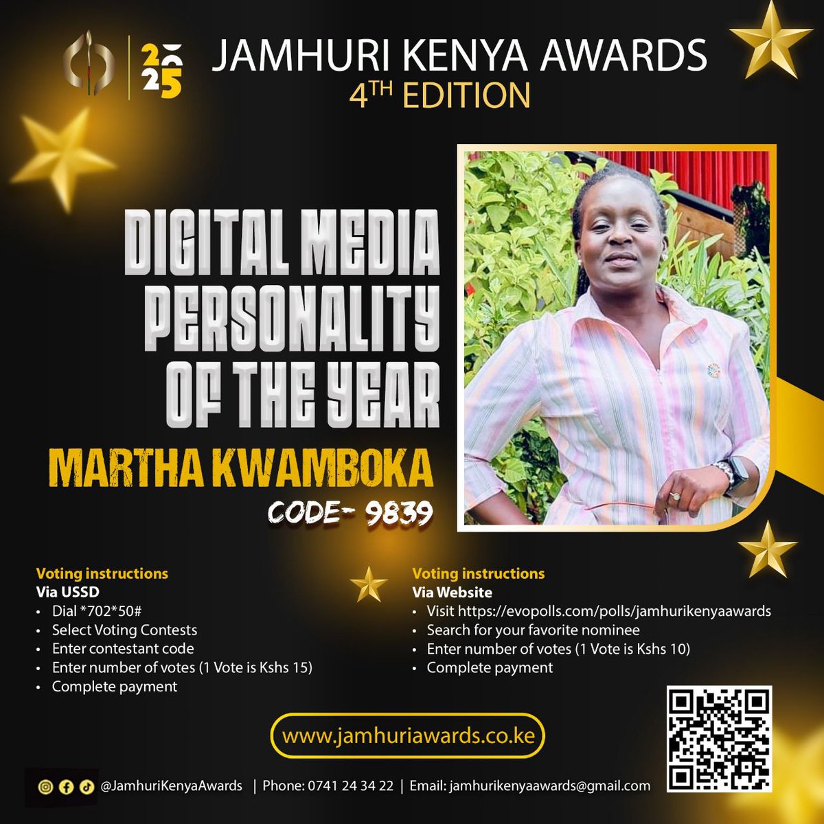 Good morning fellow Kenyans🤗. 
To vote for Martha Kwamboka as the Digital Media Personality of the Year, dial *702*50# then enter code number 9839 or evopolls.com/polls/jamhurik…, Each vote is 10bob and you can vote as many times as u can, Thank you.