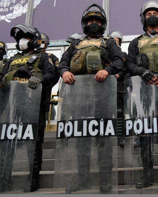 Group of police officers in tactical gear including helmets, masks, vests, and gloves stand in formation holding large riot shields marked with POLICIA in white letters on black backgrounds. They are positioned on steps in front of a purple building facade featuring a large circular emblem and the word CONGRESO. The officers wear green uniforms with yellow accents and some carry additional equipment like backpacks.