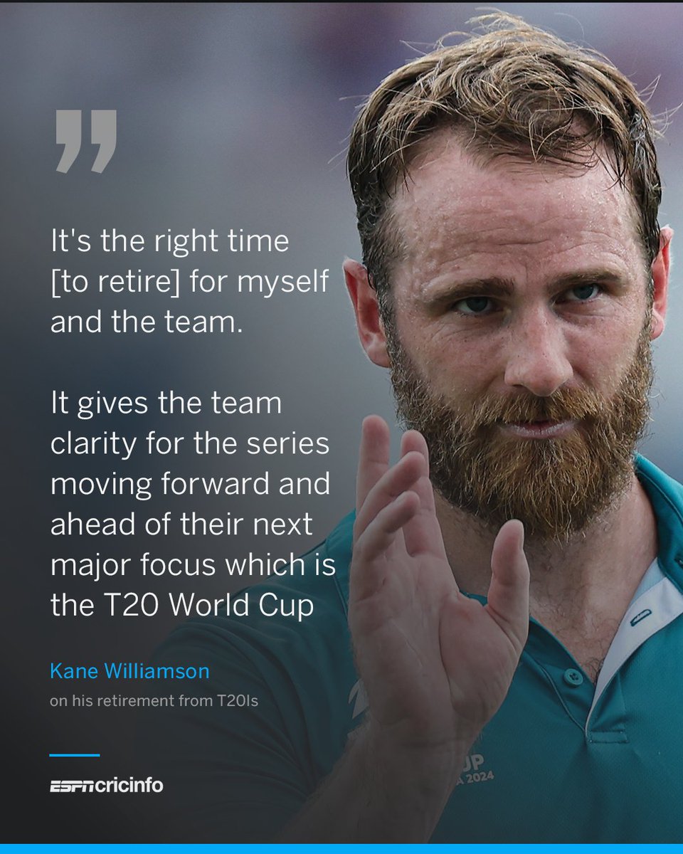 ESPNcricinfo's tweet image. Kane Williamson retires as New Zealand&apos;s second-highest run-scorer in T20Is

He captained the team to the T20 World Cup semi-final appearances in 2016 and 2022, and one losing final in 2021 🫡