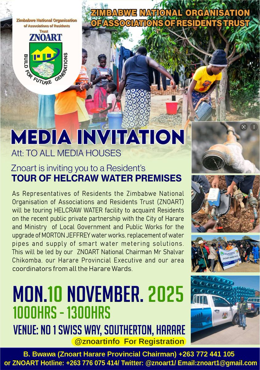 MEDIA INVITATION
<a href="/ZNOART1/">ZNOART</a> is inviting you to  TOUR  of HELCRAW WATER facilities to acquaint Residents on the recent PPP with the <a href="/cityofharare2/">City Of Harare SunshineCity</a> &amp; <a href="/MoLGPWZim/">Ministry of Local Government and Public Works</a> for the Upgrade of MORTON JEFFREY water works, replacement of water pipes and supply of smart water metering solutions.