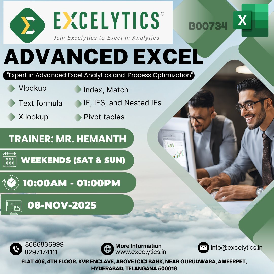 excelytics_info's tweet image. Hi,

Hope you are doing well, wanted to keep you posted that we have Demo session Adv Excel on 08-Nov-2025 between 10:00AM-01:00PM by Mr. Hemanth 

 Registration Link :  forms.gle/fRaeRrN6U7SqKJ…

 WhatsApp Link : chat.whatsapp.com/HhQAmG7CYJ64hd…

 Zoom Link : excelytics.info/B00734