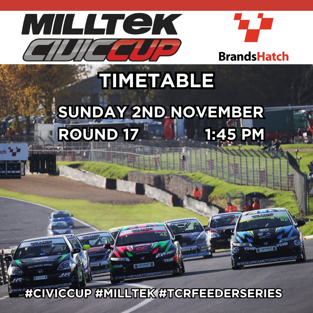💥 BRANDS HATCH FINALE - SUNDAY 💥

Today is the day we find out who our 2025 Milltek Civic Cup champion will be.

The final race of the season is scheduled to start around 1:45 pm this afternoon.

Timetable: barc.net/event/barc-rac…

#CivicCup #Milltek #TCRFeederSeries