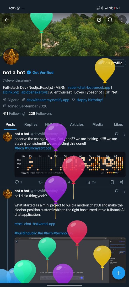 devwithsammy's tweet image. Somebody should catch the balloons on my profile for meeeee 😭

Happy birthday to me